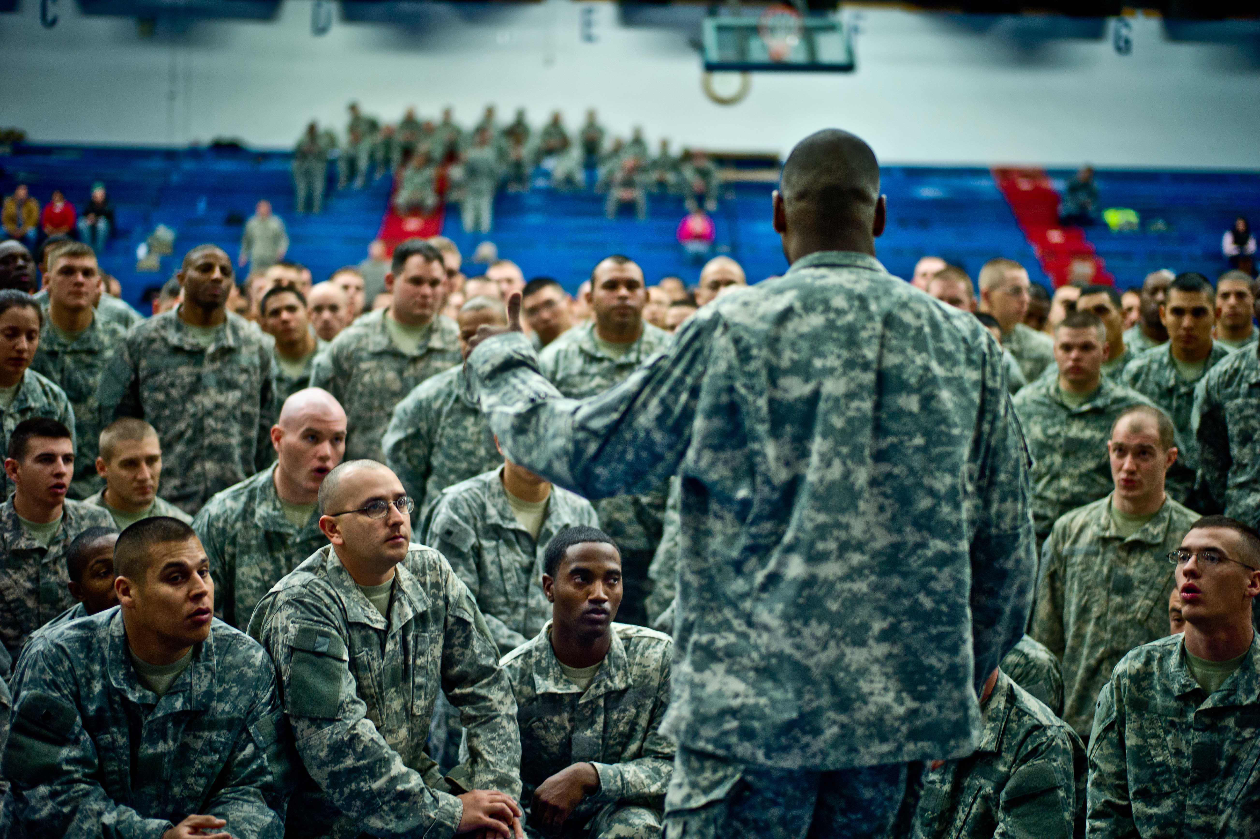 20120213-A-RE761-002: Soldiers receive a safety brief before the start of the 2012 Fort Hood Combatives Championship preliminaries Feb. 13 at the Abrams Physical Fitness Center on base.