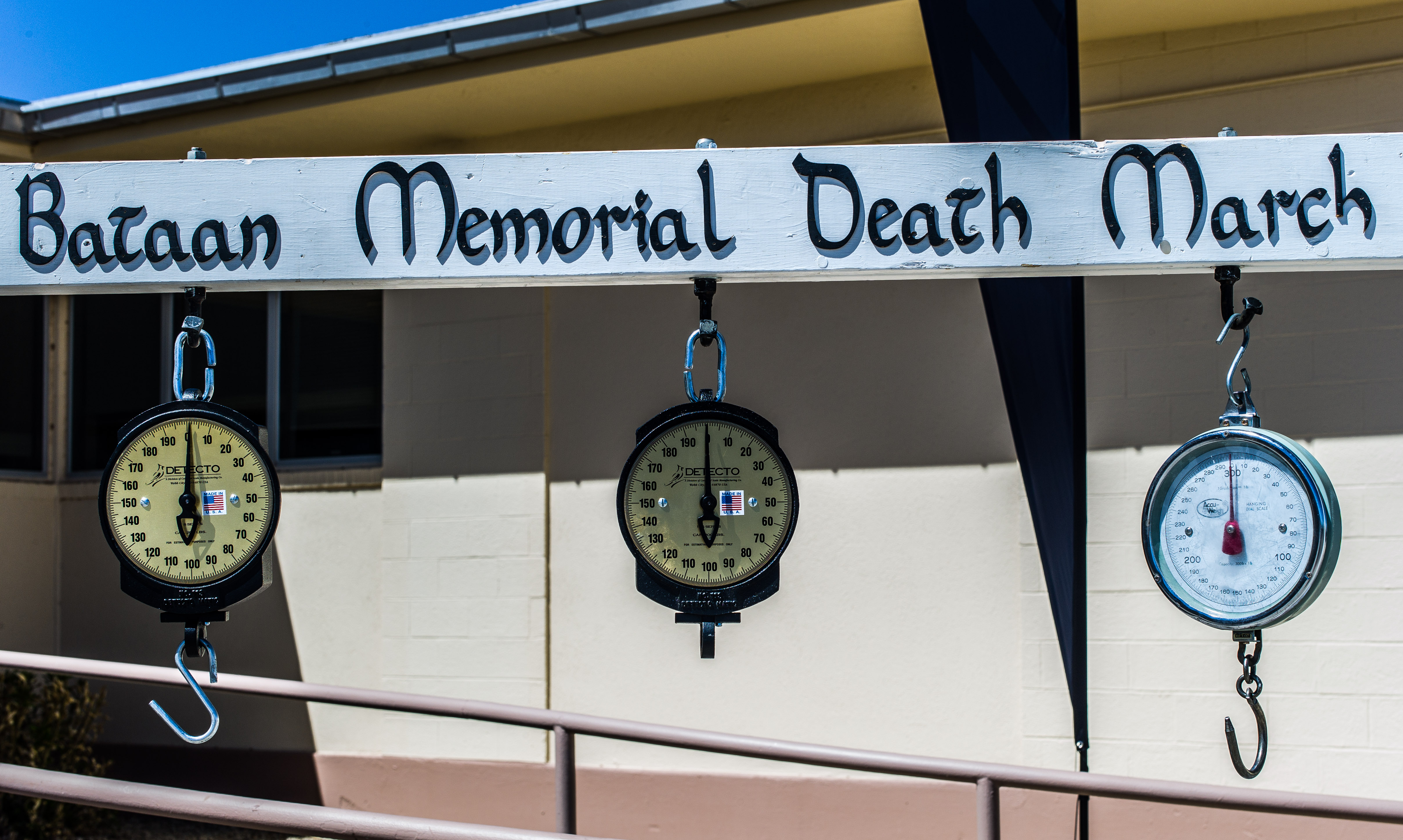 20120327-A-RE761-001: The official scales of the 23rd Annual Bataan Memorial Death March are displayed March 23 outside of the Community Center located on White Sands Missile Range in New Mexico. For the military heavy team division, each team member must complete the 26.2-mile course in uniform while wearing a 35lbs rucksack. (Photo by Staff Sgt. Michael J. Dator, 85th Civil Affairs Brigade Public Affairs)